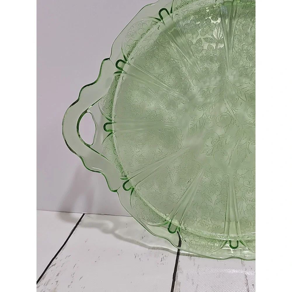Jeanette Green Depression Glass  Cherry Blossom 2 Handled Cake Tray Plate